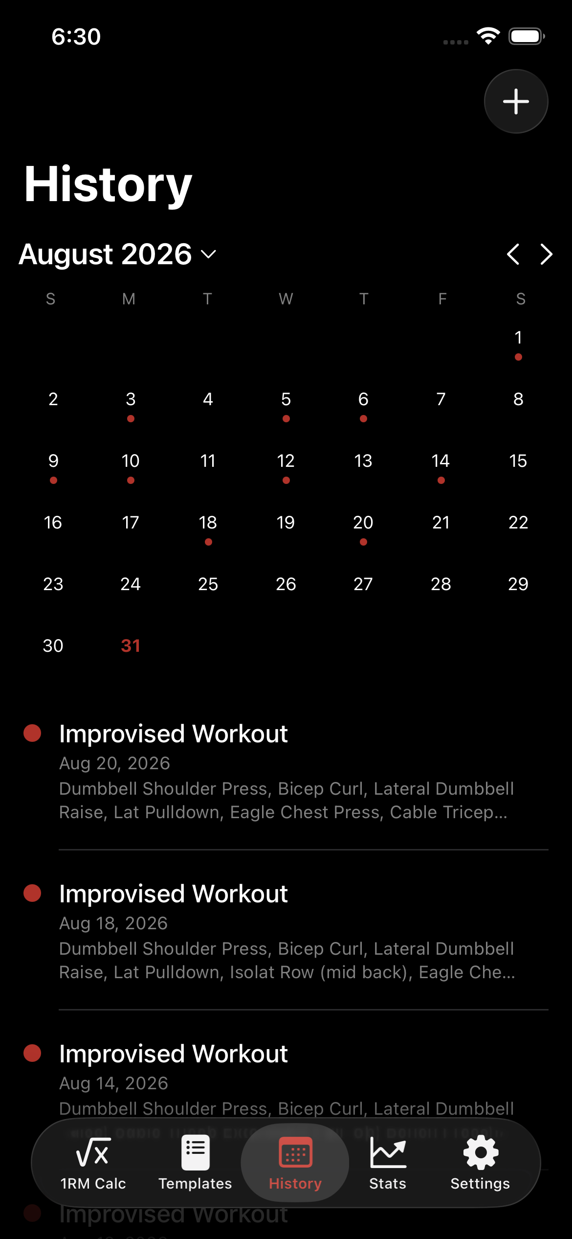 ApexSet History tab showing a month calendar with workout dots and a list of recent sessions