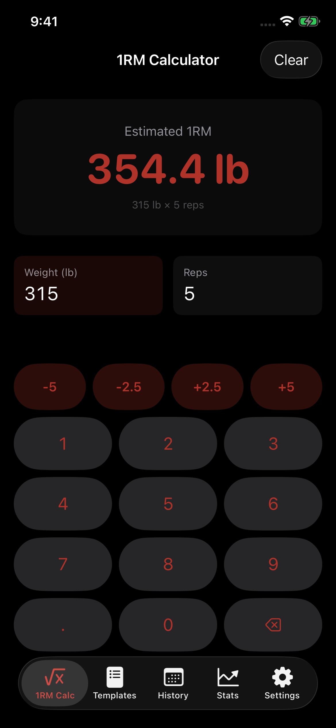 ApexSet 1RM Calculator showing an estimated 354.4 lb one-rep max from 315 lb for 5 reps, with the custom numpad