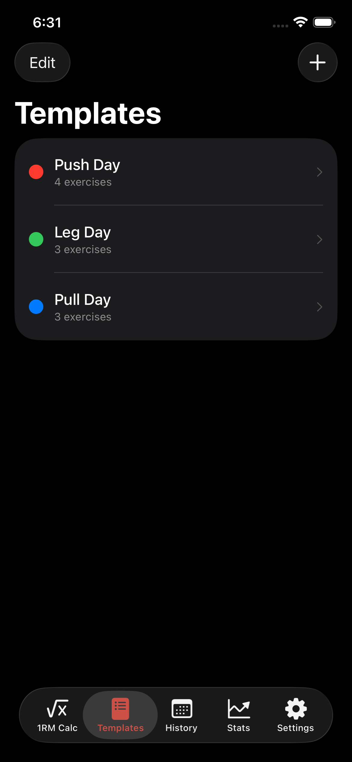 ApexSet Templates tab showing Push Day, Leg Day, and Pull Day templates